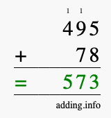 Calculate 495 + 78 using long addition