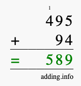 Calculate 495 + 94 using long addition