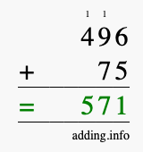 Calculate 496 + 75 using long addition