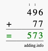 Calculate 496 + 77 using long addition