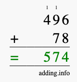 Calculate 496 + 78 using long addition