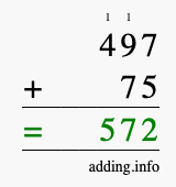 Calculate 497 + 75 using long addition