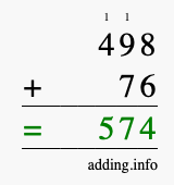 Calculate 498 + 76 using long addition