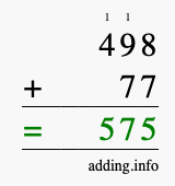 Calculate 498 + 77 using long addition