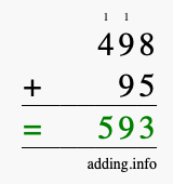 Calculate 498 + 95 using long addition