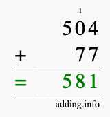 Calculate 504 + 77 using long addition