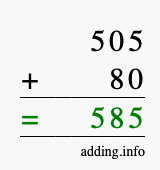 Calculate 505 + 80 using long addition