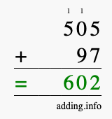 Calculate 505 + 97 using long addition