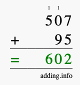 Calculate 507 + 95 using long addition