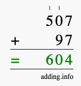Calculate 507 + 97 using long addition