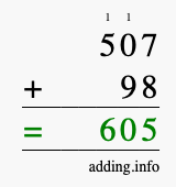 Calculate 507 + 98 using long addition