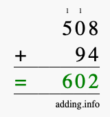 Calculate 508 + 94 using long addition