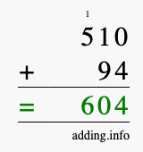 Calculate 510 + 94 using long addition