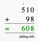 Calculate 510 + 98 using long addition