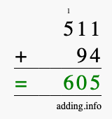 Calculate 511 + 94 using long addition