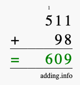 Calculate 511 + 98 using long addition