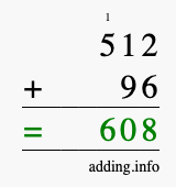 Calculate 512 + 96 using long addition