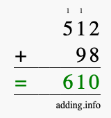 Calculate 512 + 98 using long addition