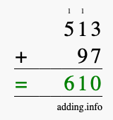 Calculate 513 + 97 using long addition