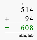 Calculate 514 + 94 using long addition