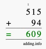 Calculate 515 + 94 using long addition