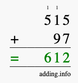 Calculate 515 + 97 using long addition