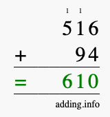 Calculate 516 + 94 using long addition