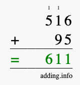 Calculate 516 + 95 using long addition