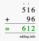 Calculate 516 + 96 using long addition