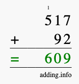 Calculate 517 + 92 using long addition