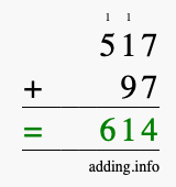 Calculate 517 + 97 using long addition