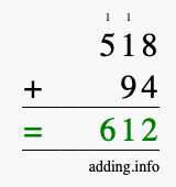 Calculate 518 + 94 using long addition