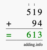 Calculate 519 + 94 using long addition