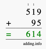 Calculate 519 + 95 using long addition