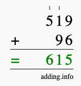 Calculate 519 + 96 using long addition