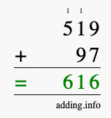 Calculate 519 + 97 using long addition
