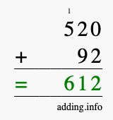 Calculate 520 + 92 using long addition