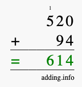 Calculate 520 + 94 using long addition