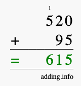 Calculate 520 + 95 using long addition