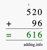 Calculate 520 + 96 using long addition