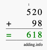 Calculate 520 + 98 using long addition
