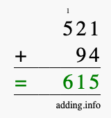 Calculate 521 + 94 using long addition