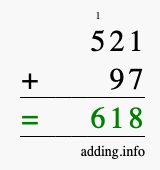 Calculate 521 + 97 using long addition