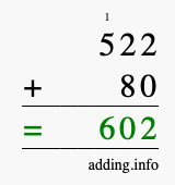 Calculate 522 + 80 using long addition