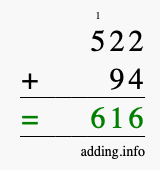 Calculate 522 + 94 using long addition