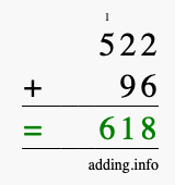Calculate 522 + 96 using long addition