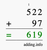 Calculate 522 + 97 using long addition