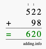 Calculate 522 + 98 using long addition