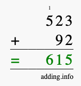 Calculate 523 + 92 using long addition
