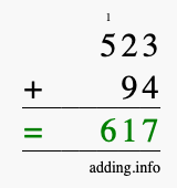 Calculate 523 + 94 using long addition
